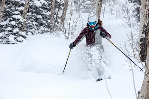 Ski tester Krista Crabtree skied powder during the Onthesnow.com ski test at Snowbird, Utah.